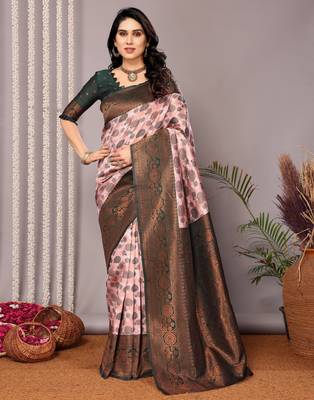 light pink green silk blend banarasi saree with unstitched blouse piece 2
