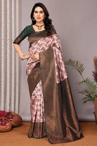 Light pink green soft silk blend banarasi jacuard work designer party wear saree with unstitched blouse piece