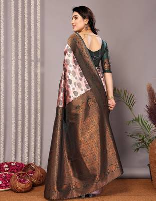 light pink green silk blend banarasi saree with unstitched blouse piece 3
