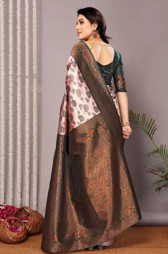 light pink green silk blend banarasi saree with unstitched blouse piece