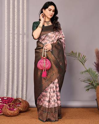 light pink green silk blend banarasi saree with unstitched blouse piece 4