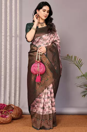 light pink green silk blend banarasi saree with unstitched blouse piece