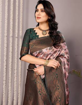 light pink green silk blend banarasi saree with unstitched blouse piece 1