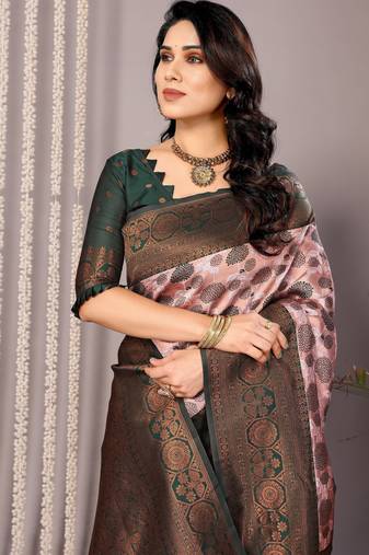 light pink green soft art silk blend banarasi jacuard work designer party wear saree with unstitched blouse piece