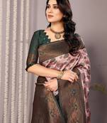 light pink green silk blend banarasi saree with unstitched blouse piece
