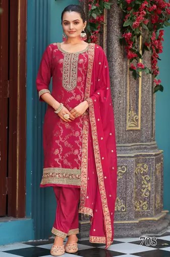 Elegant rani pink viscose jacquard  embroidered ethnic kurta set with palazzo & dupatta