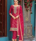 Elegant rani pink viscose jacquard  embroidered ethnic kurta set with palazzo & dupatta