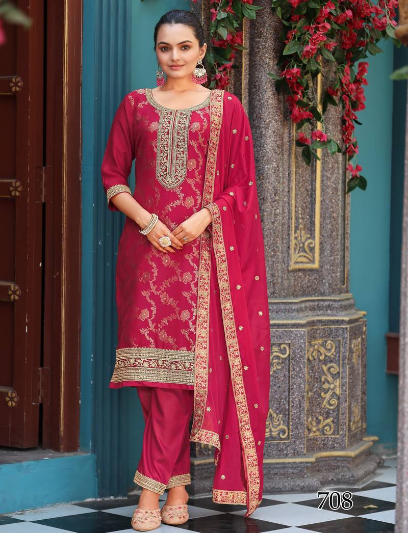 Elegant rani pink viscose jacquard  embroidered ethnic kurta set with palazzo & dupatta