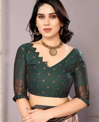 light pink green silk blend banarasi saree with unstitched blouse piece 5