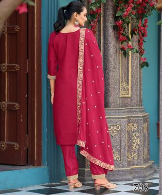  rani pink viscose jacquard embroidered ethnic kurta set with palazzo & dupatta 2