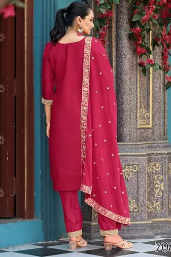  rani pink viscose jacquard embroidered ethnic kurta set with palazzo & dupatta