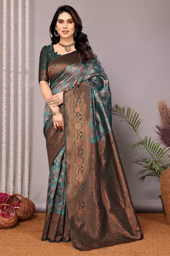 Rama green soft silk blend banarasi jacuard work designer party wear saree with unstitched blouse piece