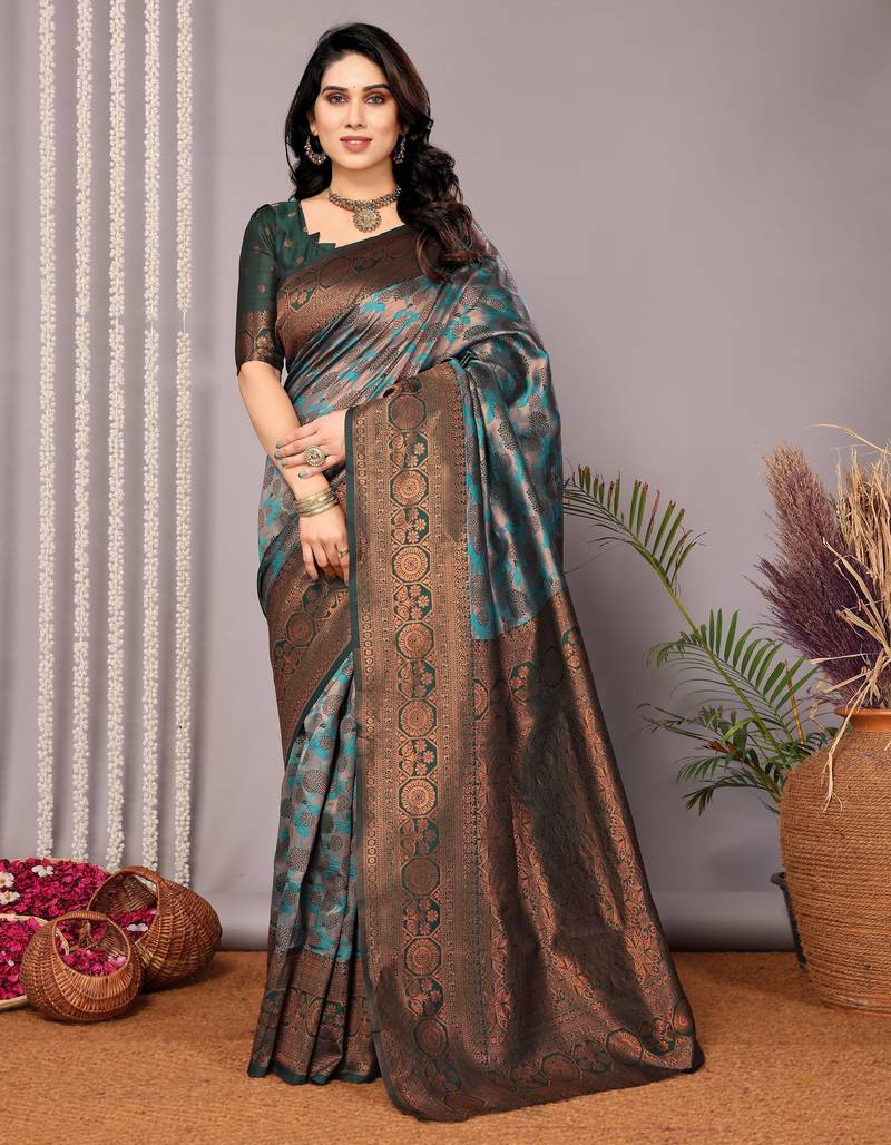 Rama green soft silk blend banarasi jacuard work designer party wear saree with unstitched blouse piece