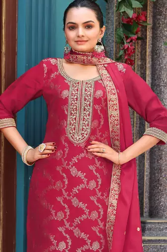  rani pink viscose jacquard embroidered ethnic kurta set with palazzo & dupatta