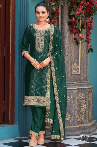 Elegant dark green viscose jacquard  embroidered ethnic kurta set with palazzo & dupatta