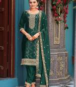 Elegant dark green viscose jacquard  embroidered ethnic kurta set with palazzo & dupatta