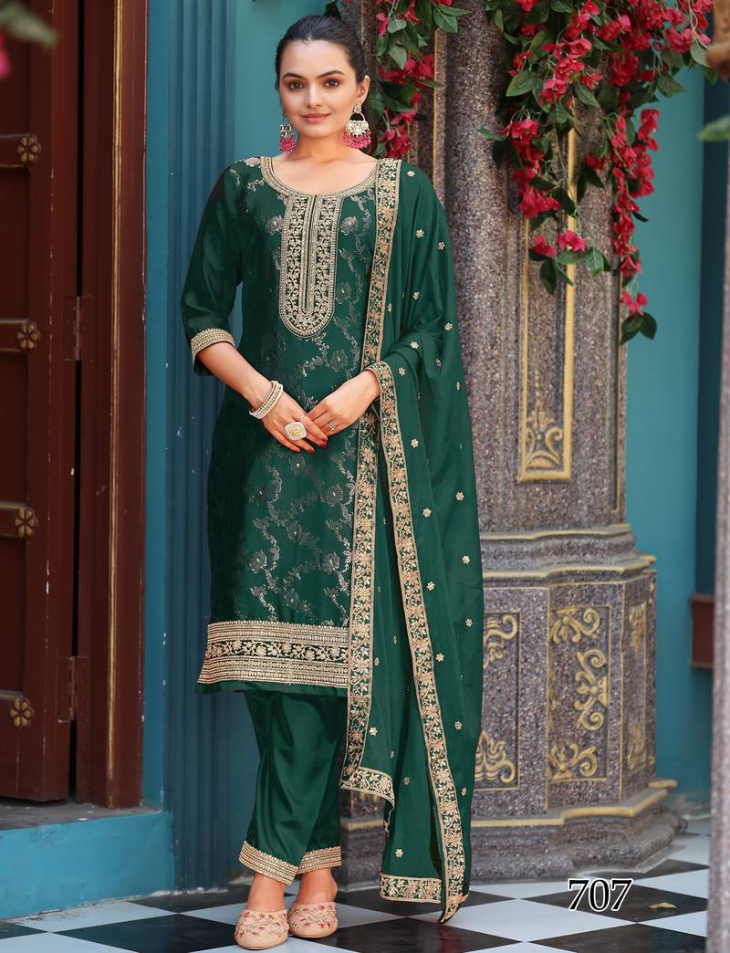 Elegant dark green viscose jacquard  embroidered ethnic kurta set with palazzo & dupatta