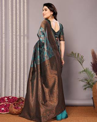 rama green silk blend banarasi saree with unstitched blouse piece 2