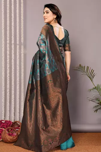 rama green silk blend banarasi saree with unstitched blouse piece