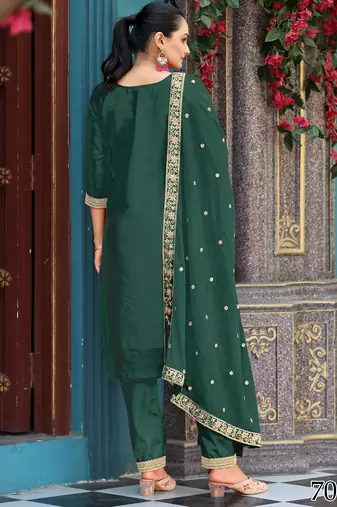  dark green viscose jacquard embroidered ethnic kurta set with palazzo & dupatta