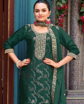  dark green viscose jacquard embroidered ethnic kurta set with palazzo & dupatta 3