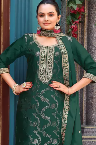  dark green viscose jacquard embroidered ethnic kurta set with palazzo & dupatta