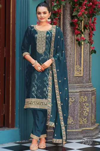 Elegant teal viscose jacquard  embroidered ethnic kurta set with palazzo & dupatta