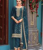 Elegant teal viscose jacquard  embroidered ethnic kurta set with palazzo & dupatta