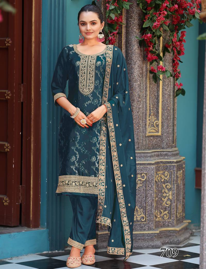 Elegant teal viscose jacquard  embroidered ethnic kurta set with palazzo & dupatta