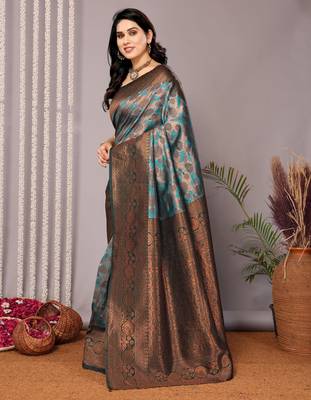 rama green silk blend banarasi saree with unstitched blouse piece 3