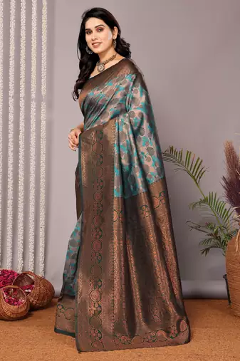 rama green silk blend banarasi saree with unstitched blouse piece