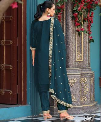  teal viscose jacquard embroidered ethnic kurta set with palazzo & dupatta 2