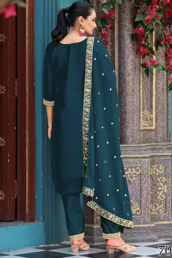  teal viscose jacquard embroidered ethnic kurta set with palazzo & dupatta