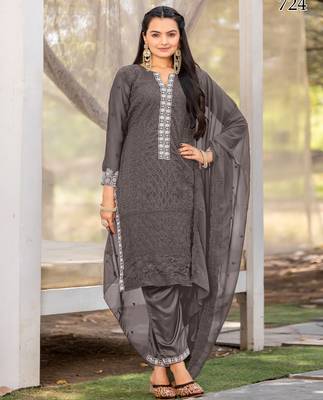  grey georgette intricate thread worked ethnic dress material set with bottom & dupatta 1