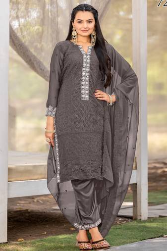 Elegant grey georgette intricate thread worked  ethnic unstiched dress material set with bottom & dupatta