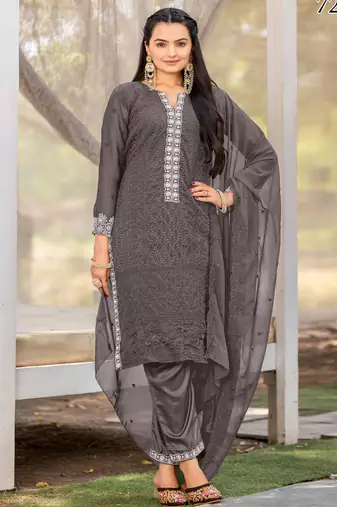 Elegant grey georgette intricate thread worked  ethnic unstiched dress material set with bottom & dupatta