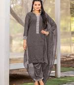Elegant grey georgette intricate thread worked  ethnic unstiched dress material set with bottom & dupatta