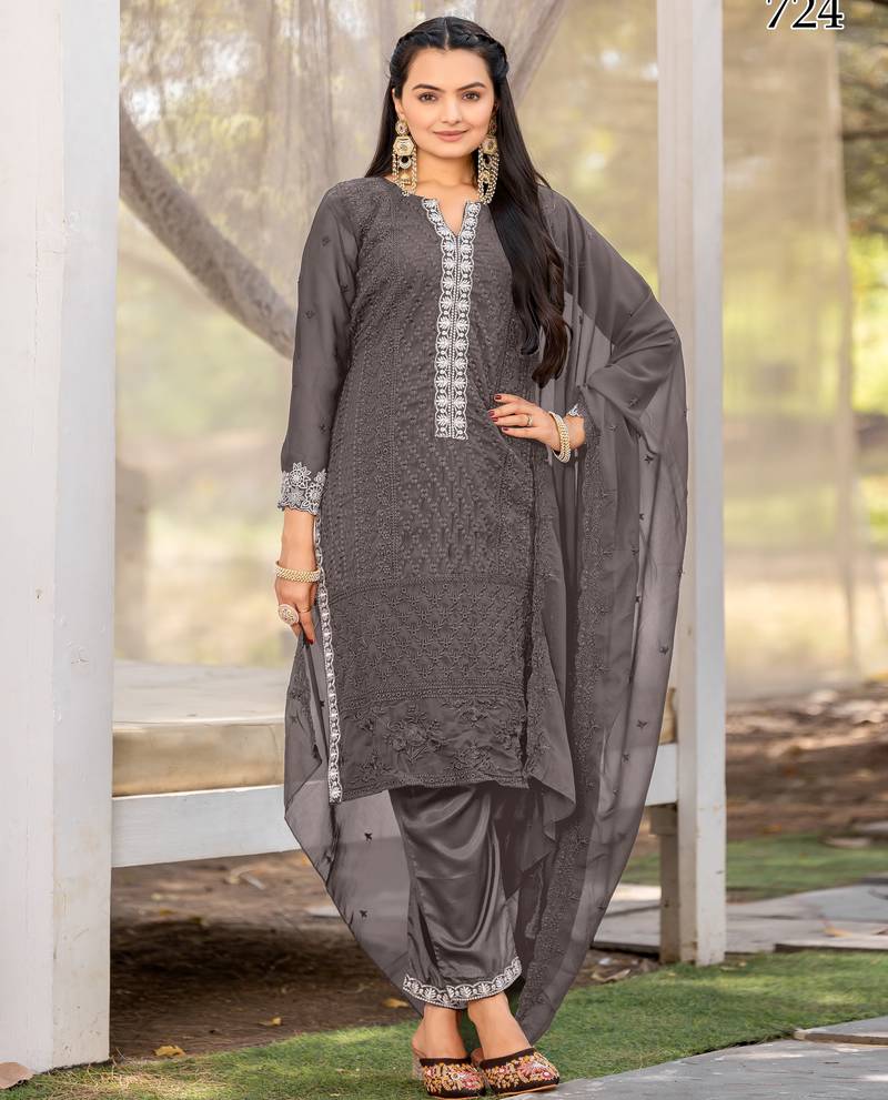 Elegant grey georgette intricate thread worked  ethnic unstiched dress material set with bottom & dupatta