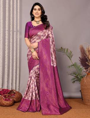 light peach purple silk blend banarasi saree with unstitched blouse piece 1