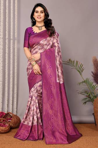 Light peach purple soft silk blend banarasi jacuard work designer party wear saree with unstitched blouse piece
