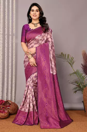 Light peach purple soft silk blend banarasi jacuard work designer party wear saree with unstitched blouse piece