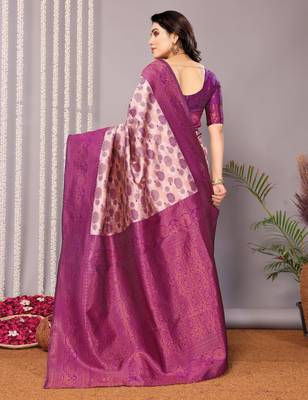 light peach purple silk blend banarasi saree with unstitched blouse piece 2