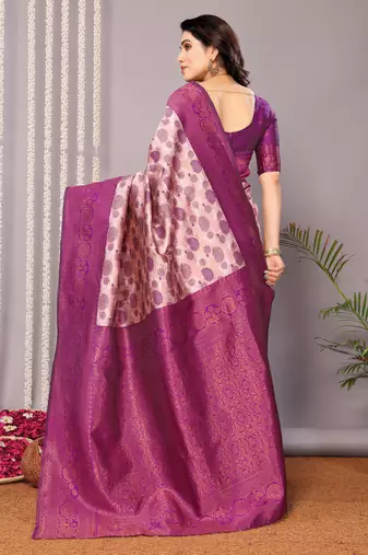 light peach purple silk blend banarasi saree with unstitched blouse piece