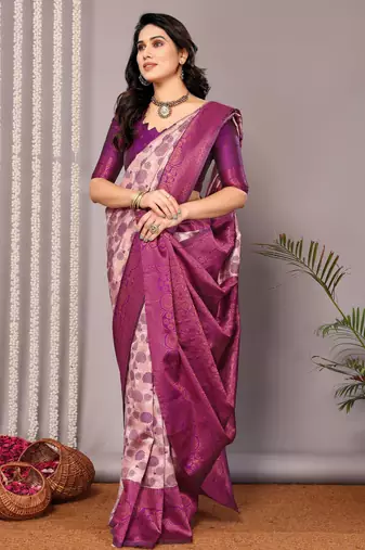 light peach purple silk blend banarasi saree with unstitched blouse piece