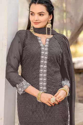  grey georgette intricate thread worked ethnic dress material set with bottom & dupatta