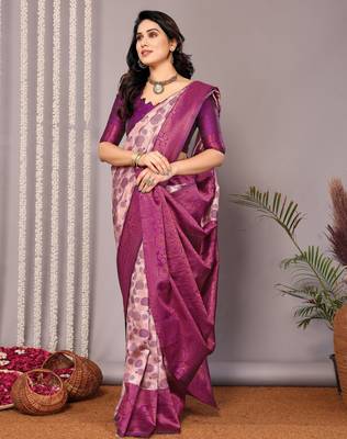 light peach purple silk blend banarasi saree with unstitched blouse piece 4