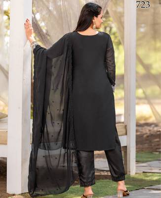  black georgette intricate thread worked ethnic dress material set with bottom & dupatta 2