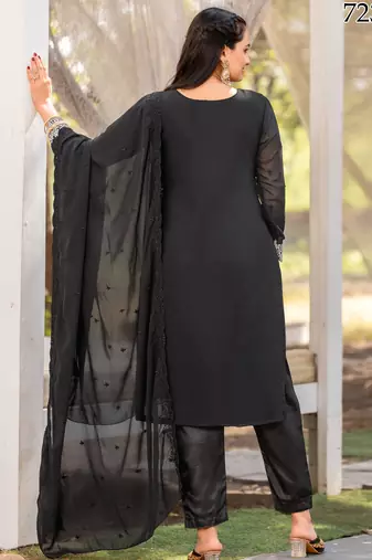  black georgette intricate thread worked ethnic dress material set with bottom & dupatta