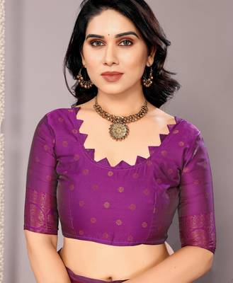 light peach purple silk blend banarasi saree with unstitched blouse piece 5