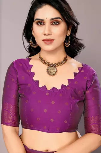 light peach purple silk blend banarasi saree with unstitched blouse piece